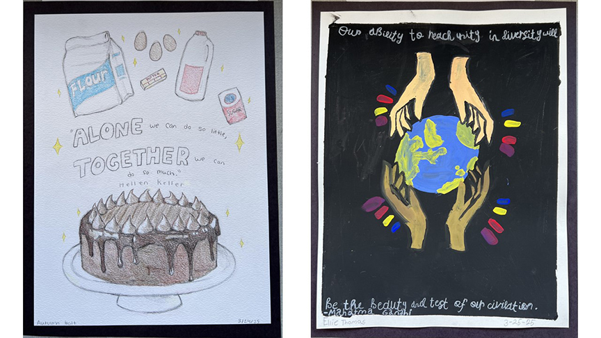 Two pieces of art illustrating two different quotes: Alone, we can do so little. Together, we can do so much. Helen Keller. Our ability to reach unity in diversity will be the beauty and test of our civilization. Mahatma Gandhi