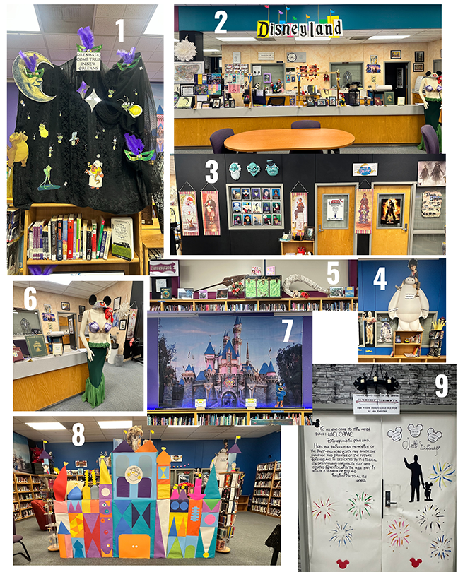 A collage of photos showcasing the Disney theme of the Magee Middle School library