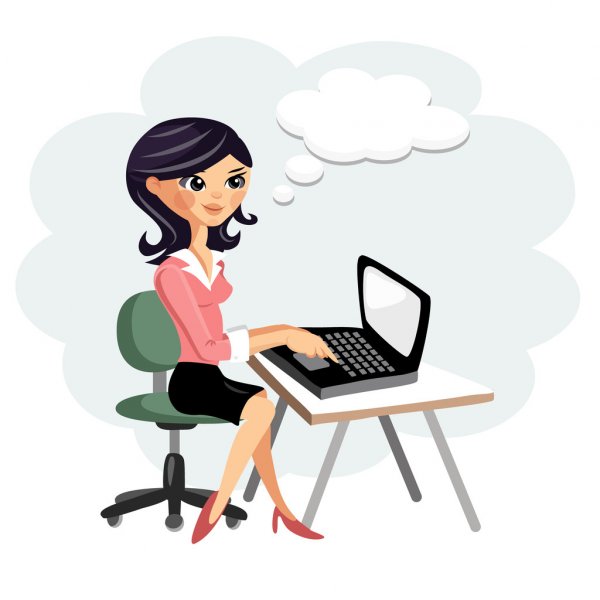 animated image of woman working on computer with thought bubble