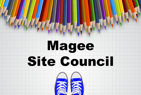 Magee site council with images of sneakers and colored pencils
